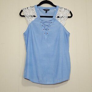 Express crochet shoulders pinstripe top blue sz S